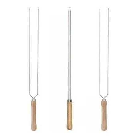 Kit 3 Espetos De Aço Para Churrasco 55 Cm Simples E Duplo