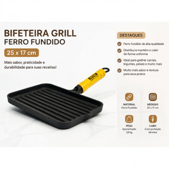 Bifeteira Grill de Ferro Fundido 25x17 cm – Grelha Carnes, Hambúrgueres e Legumes