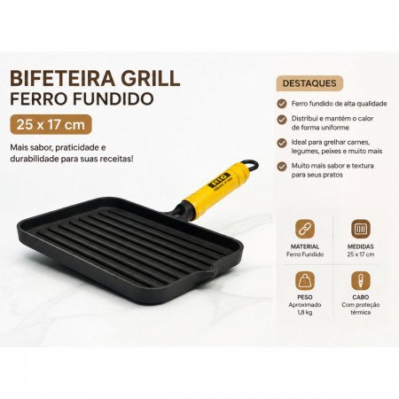Bifeteira Grill de Ferro Fundido 25x17 cm – Grelha Carnes, Hambúrgueres e Legumes