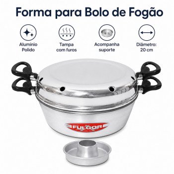 Forma para Bolo de Fogão Fulgor 20 cm em Alumínio Polido com Tampa e Suporte