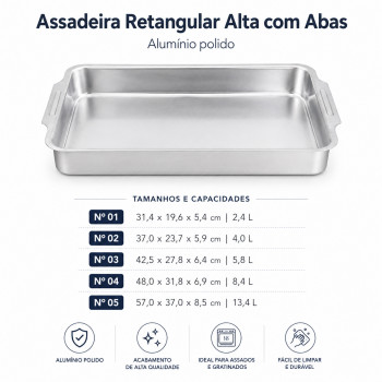 Assadeira Retangular Alta com Abas em Alumínio Polido – Nº 01, 02, 03, 04 e 05