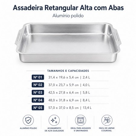 Assadeira Retangular Alta com Abas em Alumínio Polido – Nº 01, 02, 03, 04 e 05