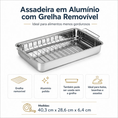 Assadeira em Alumínio Polido com Grelha Removível – 40,3 x 28,6 x 6,4 cm