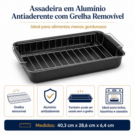 Assadeira em Alumínio Antiaderente com Grelha Removível – 40,3 x 28,6 x 6,4 cm