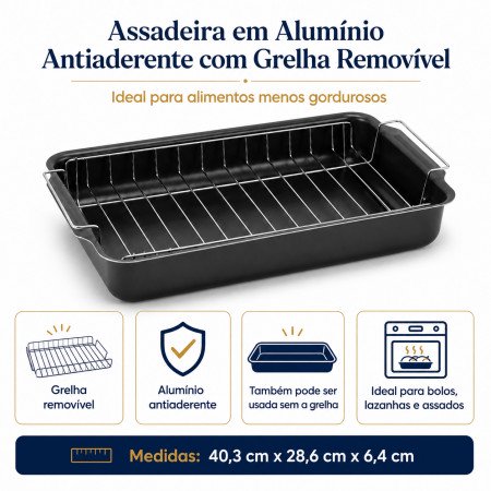 Assadeira em Alumínio Antiaderente com Grelha Removível – 40,3 x 28,6 x 6,4 cm