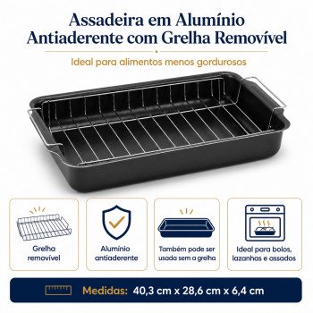 Assadeira em Alumínio Antiaderente com Grelha Removível – 40,3 x 28,6 x 6,4 cm