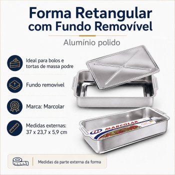 Forma Retangular Marcolar em Alumínio Polido com Fundo Removível – 37 x 23,7 x 5,9 cm