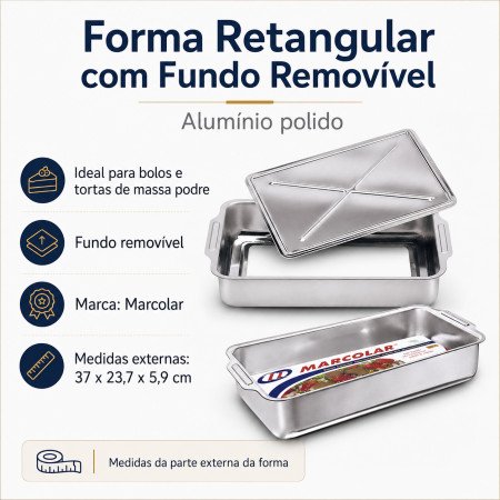 Forma Retangular Marcolar em Alumínio Polido com Fundo Removível – 37 x 23,7 x 5,9 cm