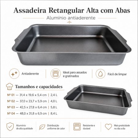 Assadeira Retangular Alta com Abas em Alumínio Antiaderente Cinza – Nº 01, 02, 03 e 04