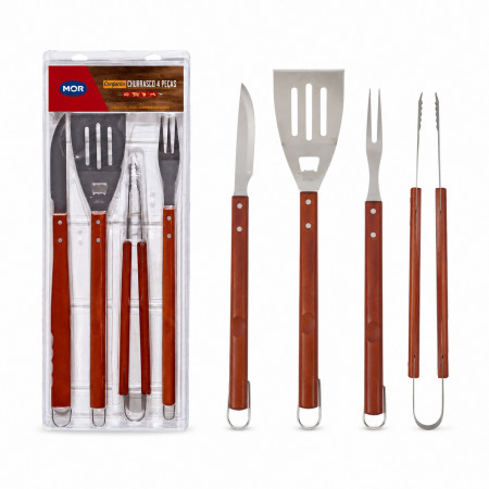 Conjunto para Churrasco Mor 4 Peças em Aço Inoxidável com Cabo de Madeira