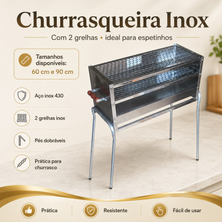 Churrasqueira Espeteira Inox com 2 Grelhas e Pés Dobráveis – 60 ou 90 cm