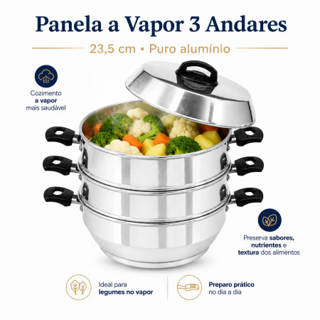 Panela a Vapor 3 Andares em Alumínio 23,5 cm com Tampa