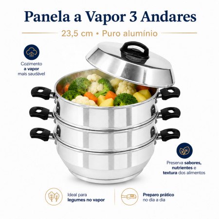 Panela a Vapor 3 Andares em Alumínio 23,5 cm com Tampa