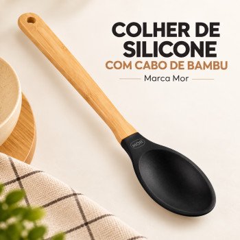 Colher de Silicone com Cabo de Bambu Preta Resistente até 240°C – Mor