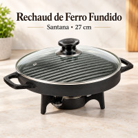 Rechaud Redondo de Ferro Fundido com Tampa de Vidro e Chapa Dupla Face 27 cm – Santana