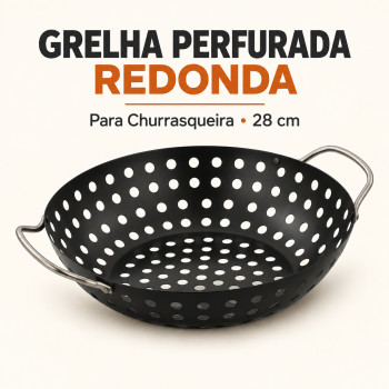 Grelha Perfurada Redonda para Churrasqueira com Alças – 28 cm