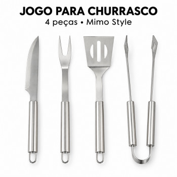 Jogo para Churrasco Mimo Style 4 Peças em Aço Inox – Faca, Garfo, Espátula e Pegador