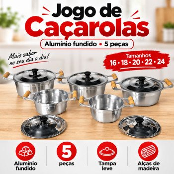 Jogo de Caçarolas de Alumínio Fundido 5 Peças com Tampa e Alças de Madeira