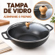 Wok 36 com alça de ferro e tampa de vidro