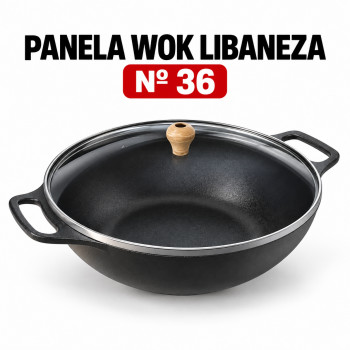 Wok 36 com alça de ferro e tampa de vidro