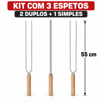 Kit 3 Espetos De Aço Para Churrasco 55 Cm Simples E Duplo