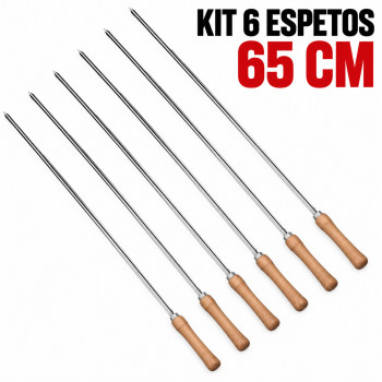 Kit 06 Espetos simples Para Churrasco Cabo Madeira 65 cm