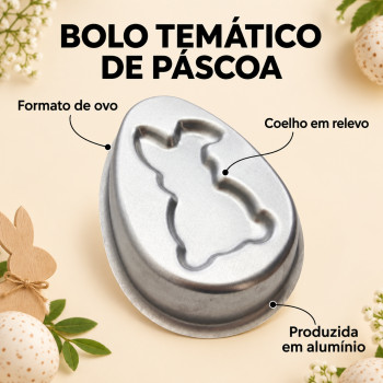 Forma de Bolo Ovo de Páscoa com Coelho em Alumínio 18 x 12,5 x 4,5 cm