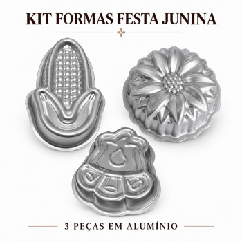 Kit 3 Formas de Bolo Festa Junina em Alumínio – Milho, Fogueira e Girassol