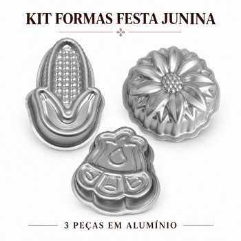 Kit 3 Formas de Bolo Festa Junina em Alumínio – Milho, Fogueira e Girassol