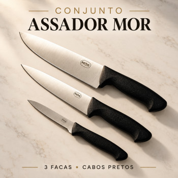 Conjunto Assador Mor com 3 Facas e Cabo Preto – Chef, Multiuso e Pequena