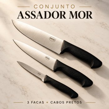 Conjunto Assador Mor com 3 Facas e Cabo Preto – Chef, Multiuso e Pequena