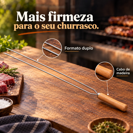 Espeto Duplo de Aço com Cabo de Madeira – 55, 65 e 75 cm